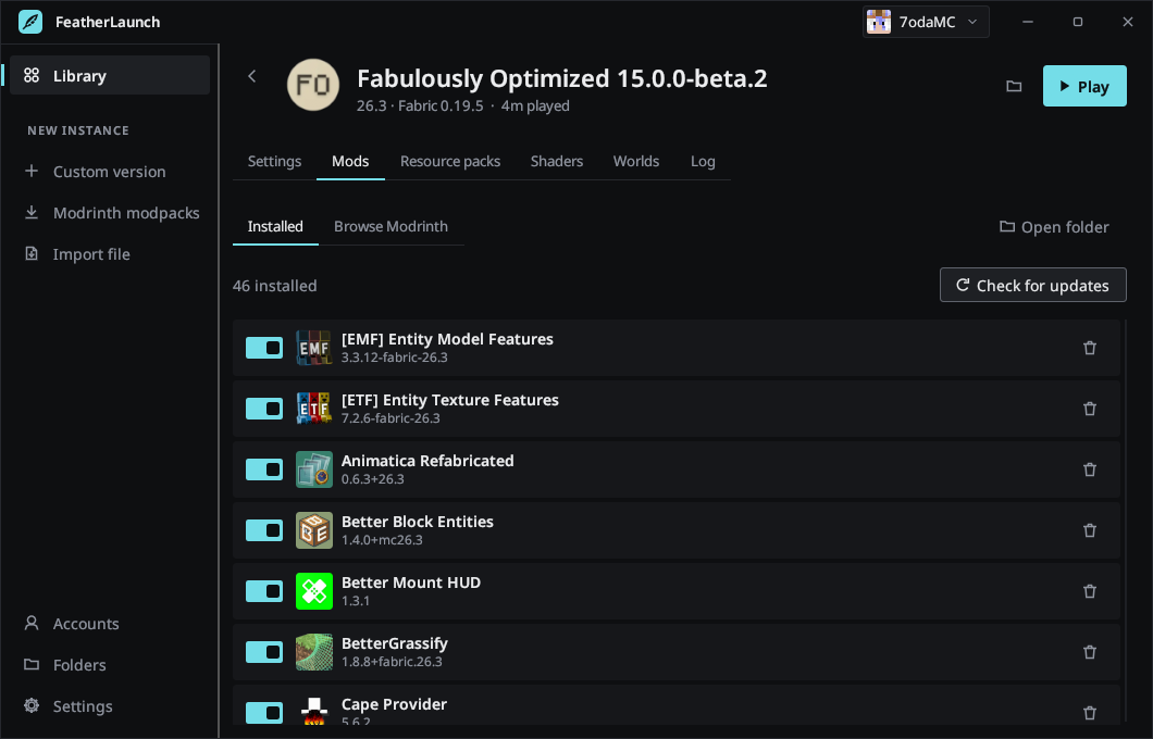 The instance page for Fabulously Optimized, listing 46 installed mods with icons and on/off switches